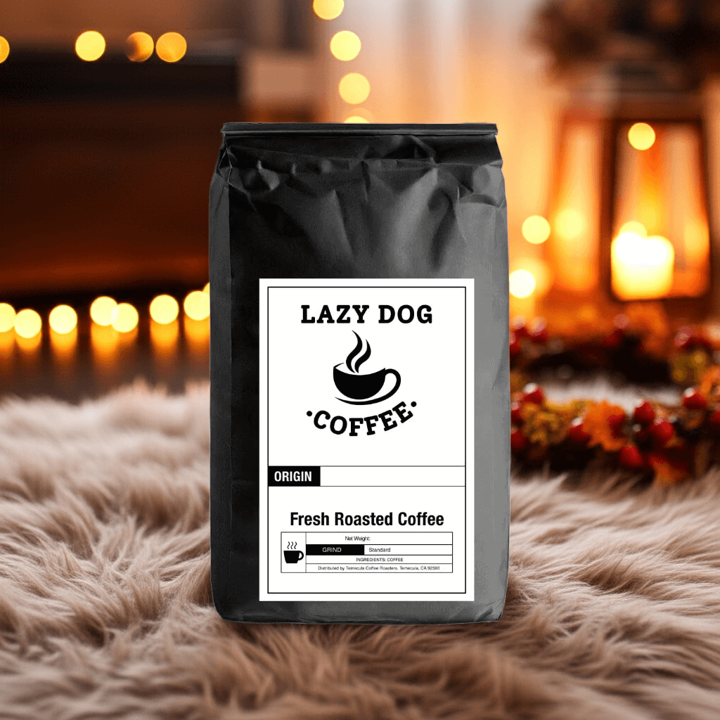 Lazy Dog Coffee fresh roasted coffee bag on a cozy background with warm lights and autumn decorations.