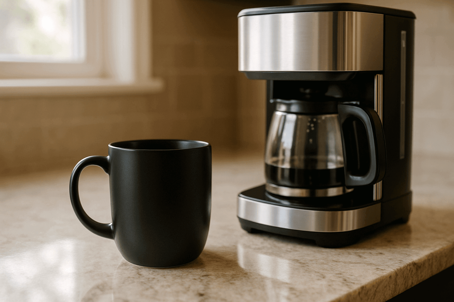 show black mug on countertop next to coffee maker