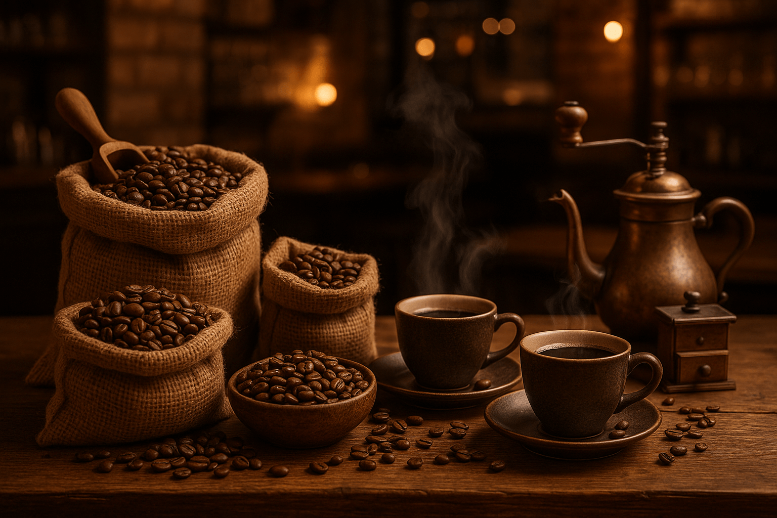 Coffee shop scene with beans and accessories