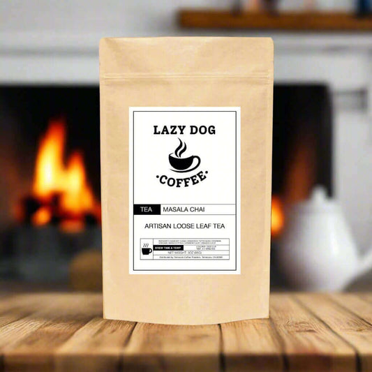 Kraft paper tea bag with 'Lazy Dog Coffee' label on a white background